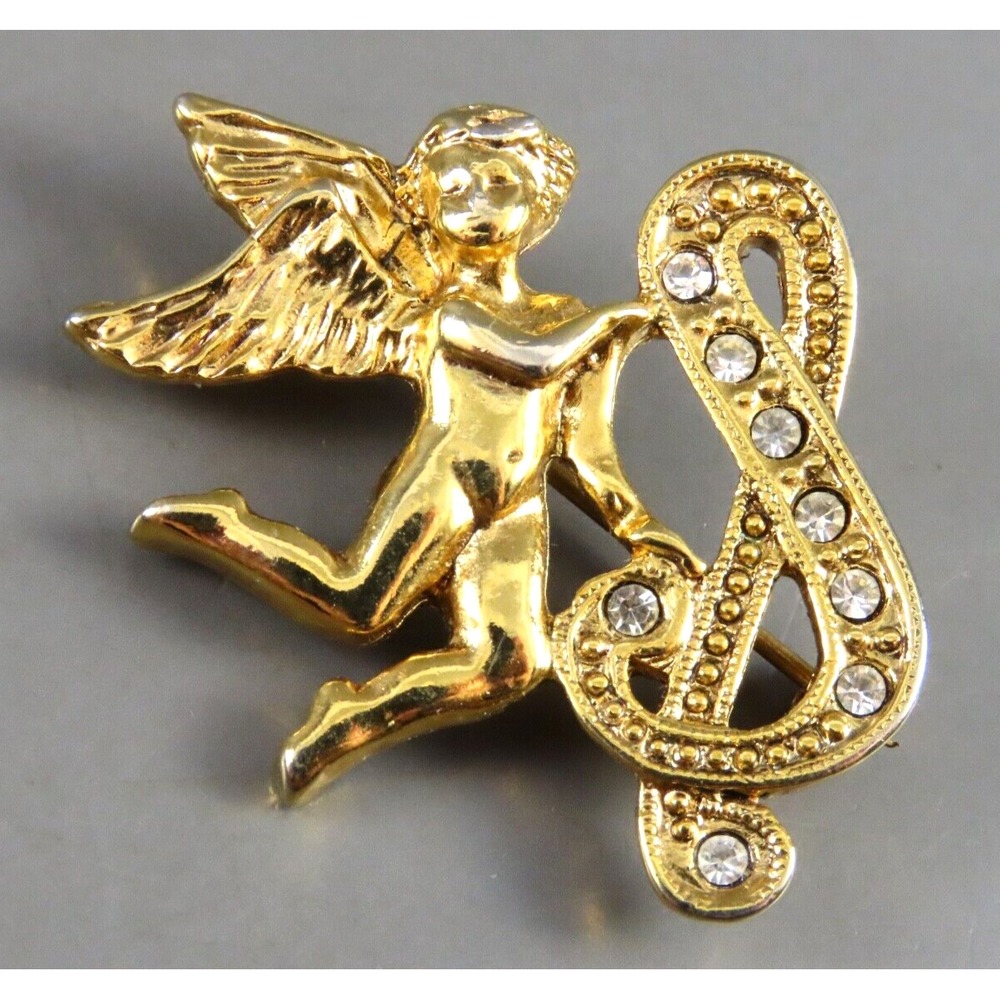 VTG 1928 BROOCH PIN Gold Tone w/Clear Rhinestones ANGEL & LETTER "S" INITIAL
